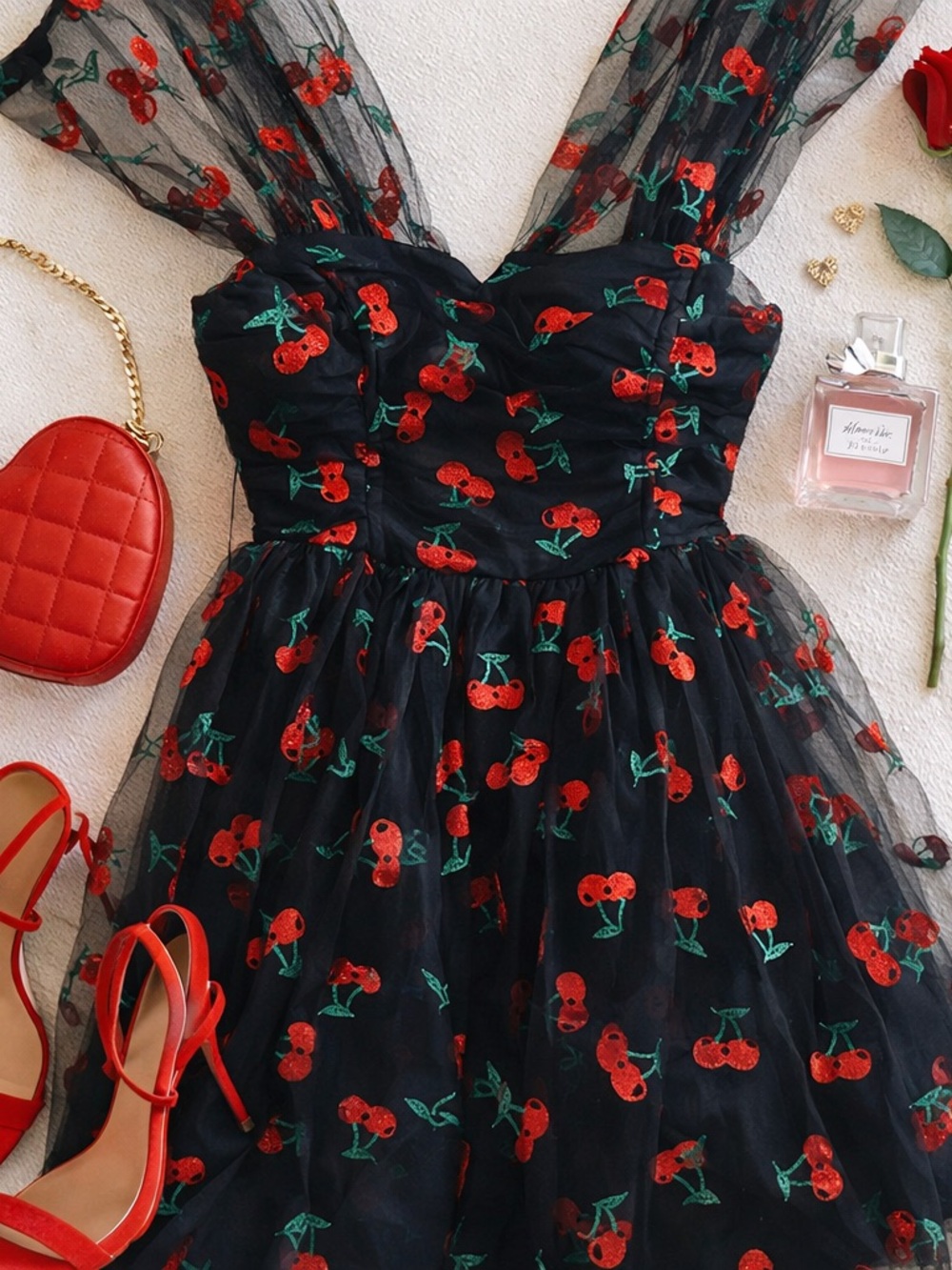 Unique Vintage Black Dress with Red and Green Cherry Print